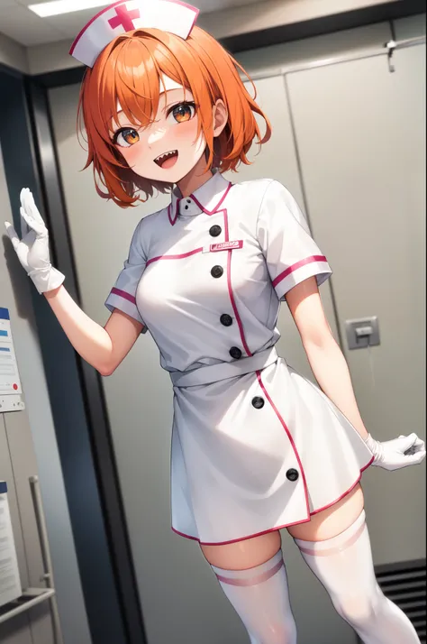 1girl, solo, nurse, nurse cap, white nurse uniform, ((white legwear, zettai ryouiki)), white gloves, very short hair, orange hair, smile, open mouth, standing, ((hospital room)), sharp outline, short sleeves, tomboy, boyish, best quality, masterpiece