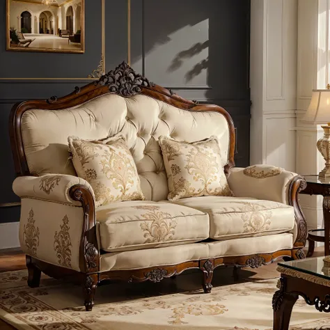 arafed couch and loveseat in a living room with a rug, elegant furniture, luxury furniture, ornate furniture, features intricate detail, ivory rococo, french provincial furniture, furniture and decor, victorian style, ornately detailed, lavish rococo baroq...