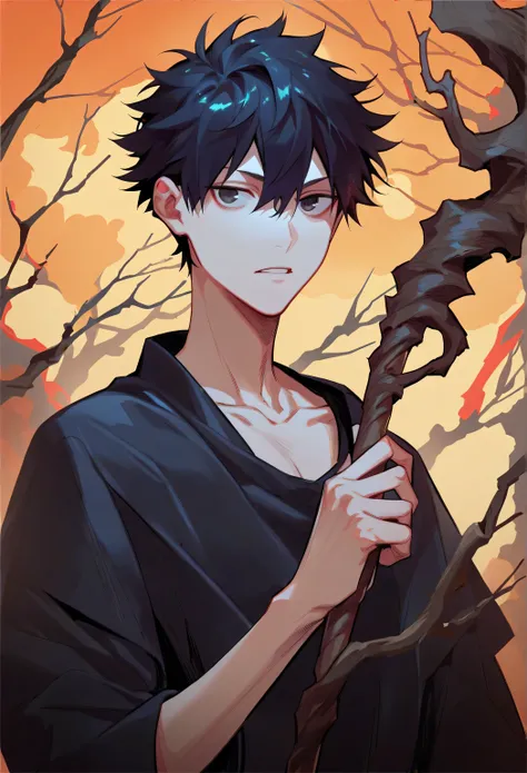 Single,  unique ,  A male,  black hair,  Messy Short Hair,  black eyes, teenager, thin, Necromancer, black magic robe, Branches Staff ,  expression of indifference ,  pale skin , At night