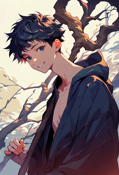 Single,  unique ,  A male,  black hair,  Messy Short Hair,  black eyes, teenager, thin, Necromancer, black magic robe, Branches Staff , Smile,  pale skin , At night