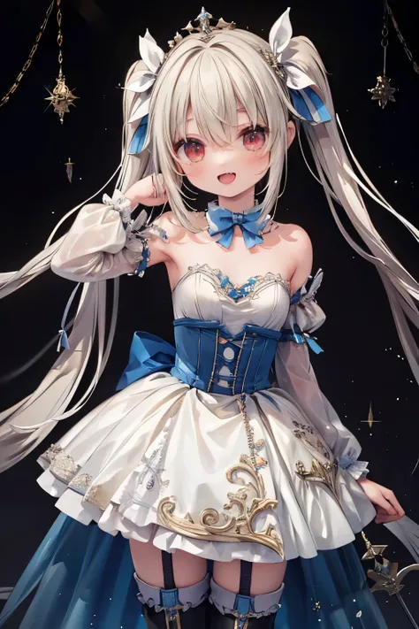 (masterpiece,  top quality:1.2), illustrations,8k, high definition , 1 girl,Alone, cowboy shot ,medium breasts, Twin Tails ,Neptune (series),black (Neptune series), long hair , skirt ,white  skirt ,pleated  skirt , clevis on a stone,bangs,Bare shoulders,bl...