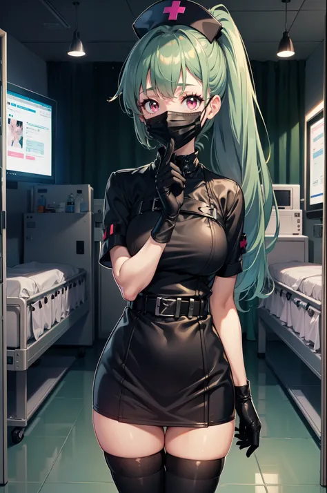 black nurse, 1girl, solo, black nurse cap, black nurse uniform, ((black legwear, zettai ryouiki)), black elbow gloves, ponytail, green hair, pink eyes, ((black surgical mask, covered nose)), standing, ((surgery room)), sharp outline, short sleeves, best qu...