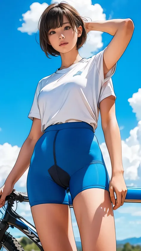  (girl, ,  Same Height  :1.2) , (Big breasts:1.2, Very good:1.2), masterpiece，Mountain Biking，Cycling enthusiasts，beautiful girl，business attire， blue sky and white clouds，8k,  Japanese girl ,  very short hair  , Camel toe, ( high color saturation :1.0),  ...