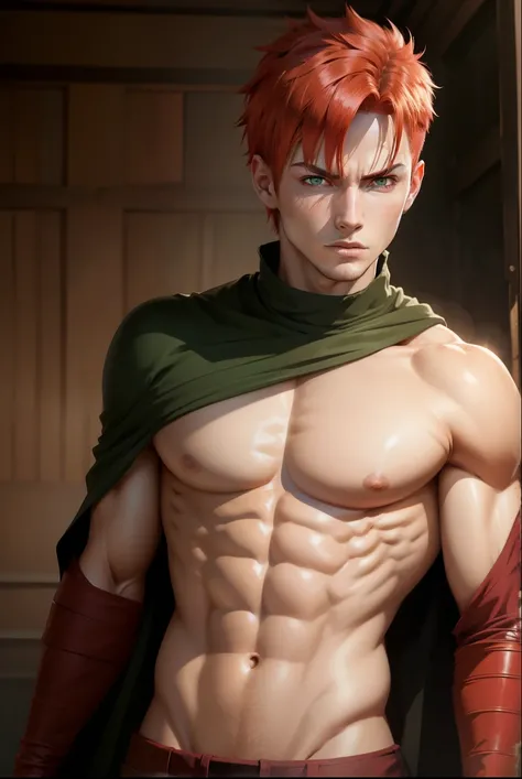 1 male,  Gaara in the anime Naruto ,  short hair,  red hair,  green eyes, beautiful,  red clothes , detailed clothes, External background,  ultra detailed , realistic, shirtless,  toned muscles, Best clothes 