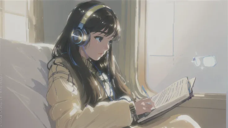 a girl sitting on a chair reading a book wearing headphones, beautiful detailed eyes, beautiful detailed lips, extremely detailed face, long eyelashes, beautiful girl, girl in casual clothes, girl with headphones, lofi portrait, digital painting style, pho...