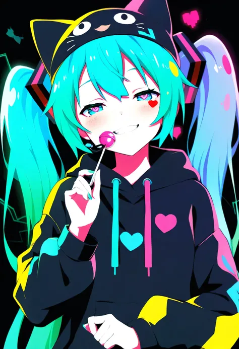 Hatsune Miku,limited palette,black background,colorful,vibrant,glowing outline,neon,blacklight,looking at viewer, masterpiece, very aesthetic, smug, half closed eyes, heart eyes, lollipop anime girl with neon black-green hair and a cat hat, licky anime sty...