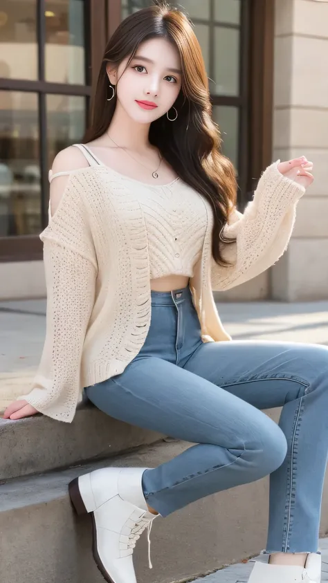 A beautifull young girl in High-waisted bell-bottom jeans with a crocheted top and ankle boots, have fluffy , fit figure, long hair, pretty face, masterpice etc.