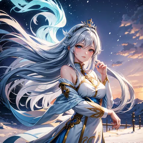   anime girl with long white hair and a blue dress in the snow, White-haired gods,  white hair floating in the air , Anime fantasy illustration,  flowing gray hair, Beautiful young wind spirit , Beautiful fantasy anime,  shiny flowing hair , Ethereal Anime...