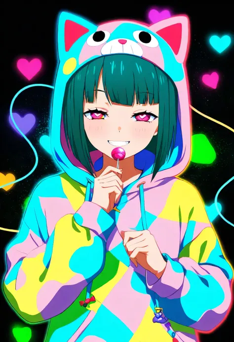 black background,colorful,vibrant,glowing outline,neon,blacklight,looking at viewer, masterpiece, very aesthetic, smug, half closed eyes, heart eyes, lollipop anime girl with neon black-green hair and a cat hat, licky anime style illustration holding lolli...