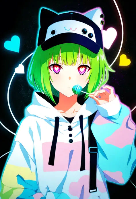 colorful,vibrant,glowing outline,neon,blacklight,looking at viewer, masterpiece, very aesthetic, heart eyes, lollipop anime girl with neon black-green hair and a cat hat, licky anime style illustration holding lollipop, moe artstyle, wallpaper 8 k, digital...