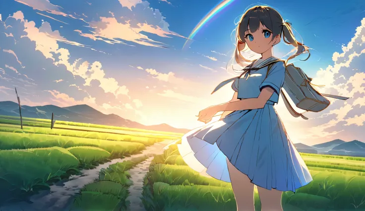 A serene rural landscape under a vivid blue sky, with dramatic, fluffy clouds stretching endlessly. The scene features a young girl standing on a narrow dirt road that cuts through expansive green rice fields. She wears a traditional Japanese school unifor...