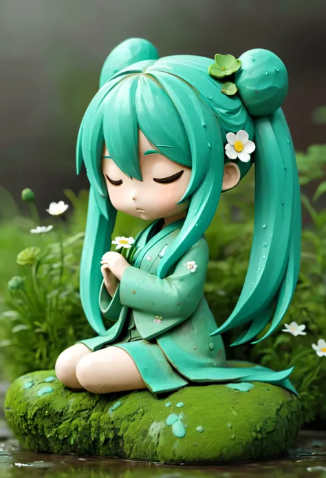 Abandoned clay sculpture,Hatsune Miku, Chibi, Minimalist Sculpture,3D, 1 Girl, Solitary, blush,Rough surface,Surface pattern and texture,Surface scratches,grainy,Old,Broken。moss,rain,A small white flower,One