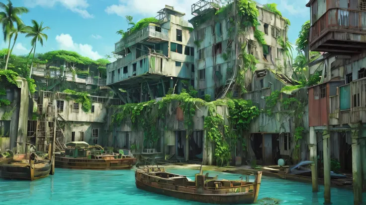 abandoned port city 、 Jungle、tropical、 post-apocalypse、 beautiful ocean、 seagull 、The ruins of a ship、 Studio Ghibli in the courtyard