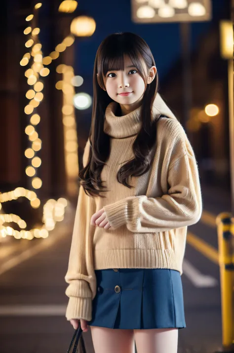 ( top quality,4K, high definition ,masterpiece:1.2), realistic ,Urban blue large-scale illuminated street, girl, Please wear warm clothes,Winter Night City , Magical Atmosphere , soft lighting , bright color,Welcoming environment,Warmth,Shining decoration,...