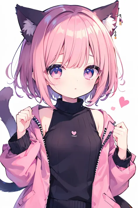 nsfw、  transparent pink short hair、  oversized jacket  、  wear a collar  、     Im looking for an elementary school girl 、  small breasts、So beautiful、輝く瞳 、cat ears、((((( )))))、heart❤