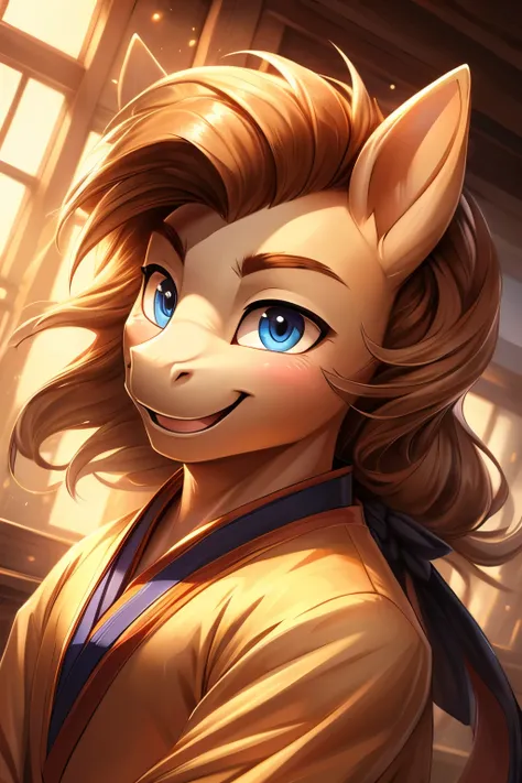 (((1male))), (detailed portrait), (anthro pony:1.5), long  mane, ((Nongfu clothes)), blue eyes, (dynamic angles), detailed eyes, playful, playful expression,furry