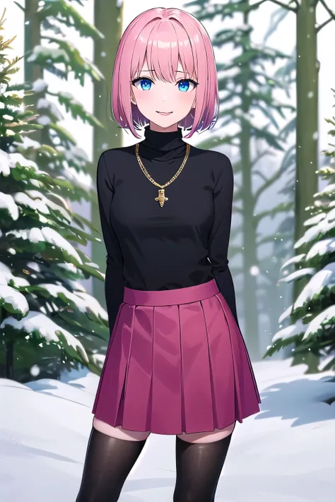 1girl,Samus aran,solo,blue eyes, pink hair, forehead hair, Black turtleneck, dark green wool midi skirt, black opaque tights, knee-high black boots, straight bob haircut, natural pink lipstick, gold chain necklace, warm and cozy pose, gentle smile, standin...