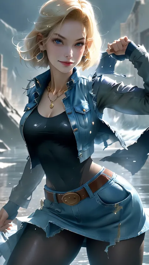 best quality, highres, and18, 1girl, android 18, solo, blonde hair, blue eyes, belt, tight blue demin skirt, gold_necklace, closed fists, black shirt, short hair, long sleeves, earrings, open vest, denim vest, medium breasts, cowboy shot, mountains, straig...