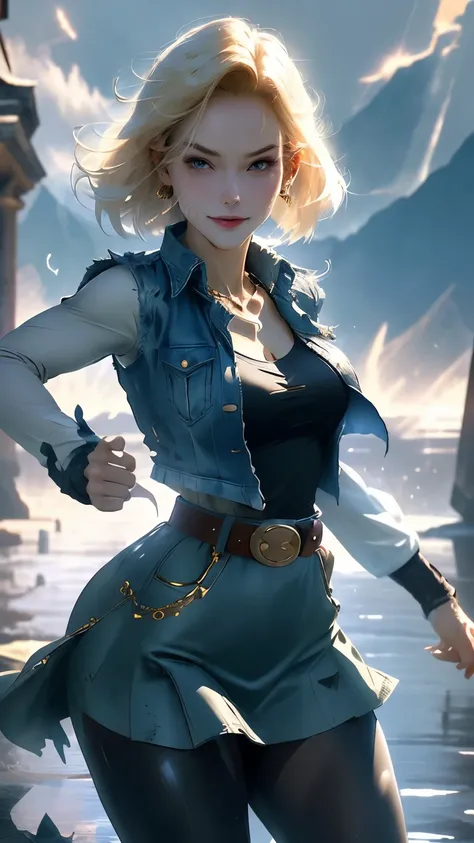 best quality, highres, and18, 1girl, android 18, solo, blonde hair, blue eyes, belt, tight blue demin skirt, gold_necklace, closed fists, black shirt, short hair, long sleeves, earrings, open vest, denim vest, medium breasts, cowboy shot, mountains, straig...