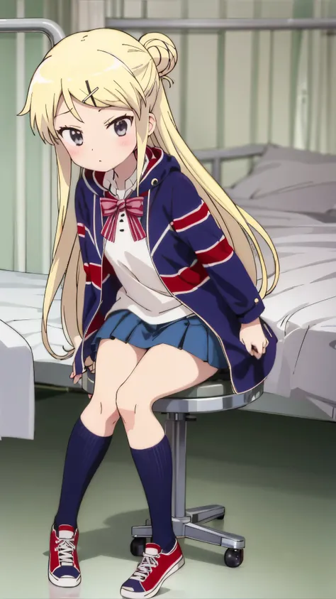 KUJO KAREN UNION JACK JACKET, a girl in a miniskirt in a sailor suit who is unwell on her bed in the infirmary, STRIPED BOW, WHITE SHIRT, LONG SLEEVES, PLEATED SKIRT, BLUE SKIRT, KNEEHIGHS, SNEAKERS