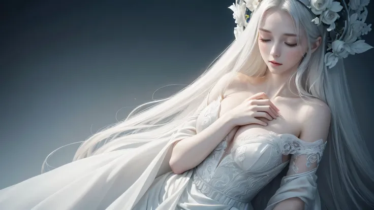 Clesch, wearing elegant white dress, long white hair, halo angel ring on head, pale wet skin, big breast, closed eyes, pale thin lips, soft lighting, holding a silver cross ,goddess atmosphere, simple light luminous black background (best quality,4k,8k, hi...