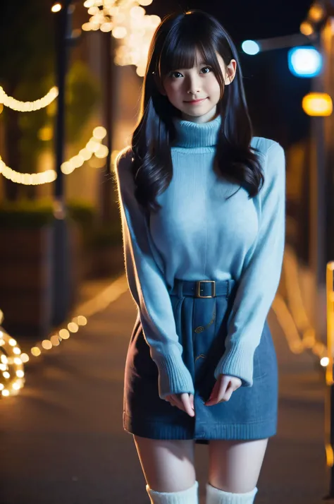 ( top quality,4K, high definition ,masterpiece:1.2), realistic ,Aoyama Street at night, girl, Please wear warm clothes,Winter Night City , Magical Atmosphere , soft lighting , bright color,Welcoming environment,Warmth,Blue Cucumber Decor,Peace and quiet,Ex...