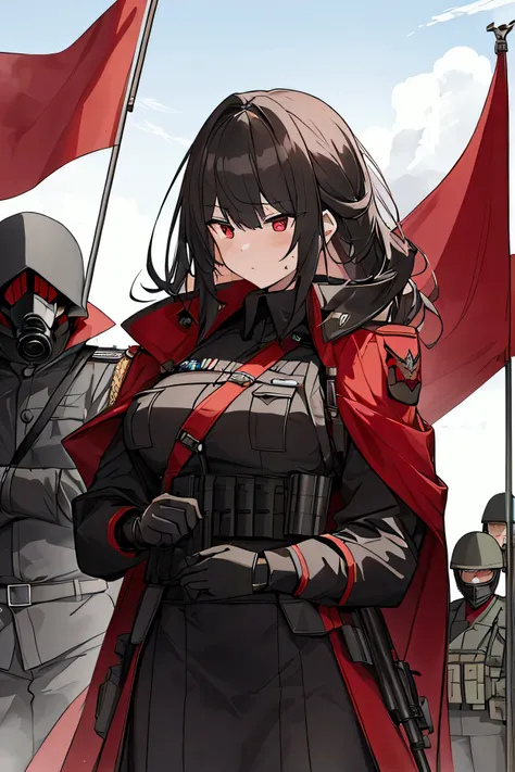 (( top quality )), (( masterpiece fails)), ( in detail), Create a scene,  which depicts a girl in a black imperial military uniform with red stripes on the trim.  She has bright red eyes and hair under her bark ,  emphasizes her strict and decisive appeara...