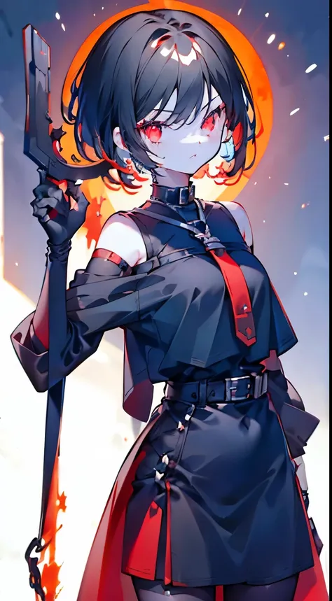 Black short hair,Red Eyes,Detailed facial features,1 Girl,beautiful girl,teenager,White_skin， with a rusted black iron sword，One hand holds a chain ，Bizarre，