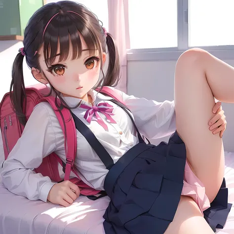 Anime girl in school uniform lying in bed with backpack, a hyperRealistic high school girl, hyperRealistic high school girl, Cute high school girl, smooth anime cg art, Realistic high school girl,  cute anime girl ,  anime girl auto  ,   Anime Moe Art Styl...