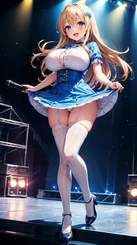 best quality,1girl,((big breasts,loli:1.5)),orgasm,blush,smile,short eyebrows, upturned eyes, (blue eyes, long hair, blonde hair),(blue dress),mini skirt,thighhighs,idol,dancing,singing,holding microphone,stage,crowd,wind lift,white panties,lace panties,fu...