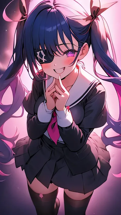 dark_blue_hair, schoolgirl, white_eyepatch_on_left_eye, purple_eyes, large_breasts, 1girl, game_center, purikura, smile, jirai_kei, pink_shirt, black_skirt, twintails, thighhighs, doyagao,(fix_hands), (fix_feet), (fix_fingers), doyagao,,cinematic_lighting,...