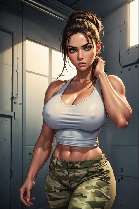 1girl, 26 year old woman, white tank-top, camouflage pants, full body shot, sweaty, photorealistic, extremely detailed, hyper realistic, portrait, realistic skin texture, realistic facial features, detailed eyes, detailed lips, detailed nose, detailed hand...