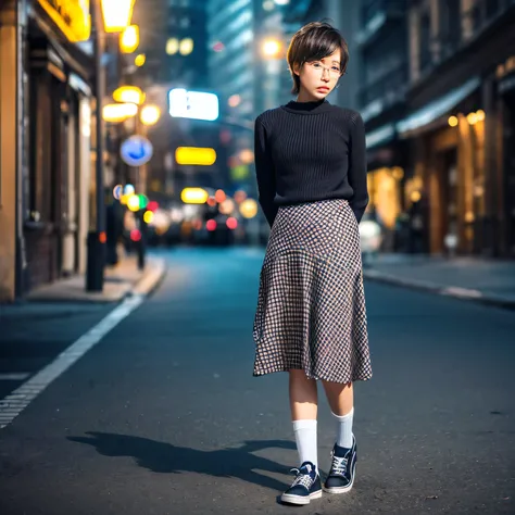 Inside the street,one 1 boy,fem boy,((crossdresser)),black short hair,slender body,((full body)),displeased,sulky,((flat chest)),((ribbed sweater)),((layered skirt)),((maxi length checkered skirt)),((socks)),((sneaker)),4K, 8k, High resolution, masterpiece...