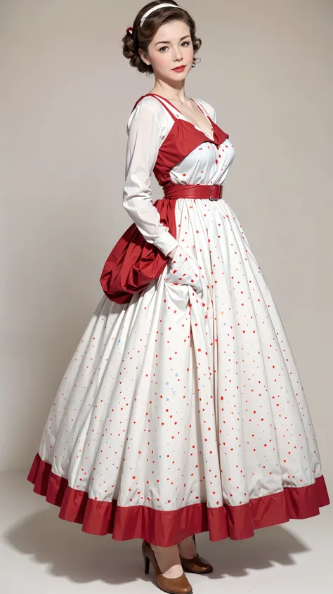 1950s Watercolor, Pen and Ink, retro fashion, pin-up style, full body shot, light gray and light brown and red and white and blue, in the style of classical Americana, mottled, playful innocence, dotted, cutout from white background, in the style of Norman...