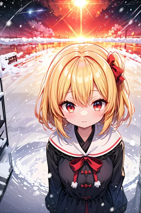 detailed background, masterpiece,  top quality, Expressive、 upper body、１alone、１By people、１Only people、only girl、Flandre Scarlett, ,  third-tailed yellow hair 、 red eyes、Blonde、Short Hair、 short hair 、 about the age of a female college student 、 Touhou Proj...