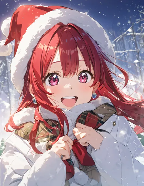 Age 23, girl、 redhead、 long hair, ponytail, earrings for a single woman , upper body, smile , A mean smile,Anime Images,winter, excited , Inside the girls room,Santa hat