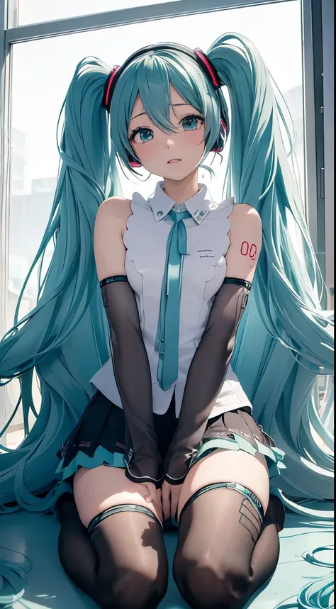 Hatsune Miku has messy hair and an indecent expression 、 Seen from a miniskirt raised to the knee 、 pink embarrassing honey pot 。There、 A thick, hard, and hot cock is inserted all the way to the root 。 the waves of pleasure emerging from the back of her v...