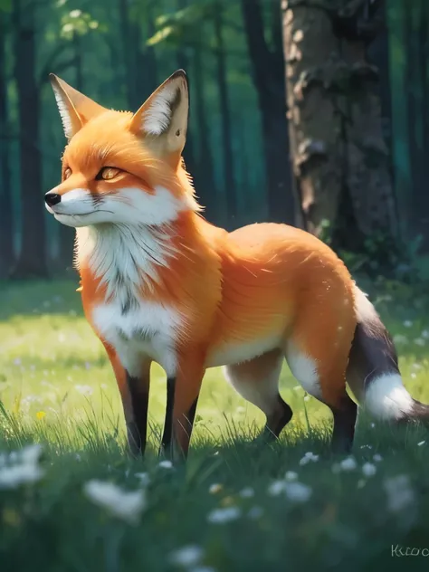 arafed fox standing in the grass in front of a forest, a picture by Shiba Kōkan, trending on reddit, sumatraism, fox animal, stylised fox - like appearance, red fox, female fox, cute fox, tonic the fox, foxes, the lovely hairy fox, a beautiful fox lady, th...