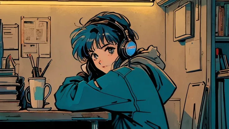 80s anime style: Wide shot of cute 21-year-old girl with long blue hair in dimly lit bedroom at night. Sitting at desk with books, wearing headphones and loose parka. Coffee, relax. Kind face looking at viewer. Full body visible in relaxed pose. Room lit b...