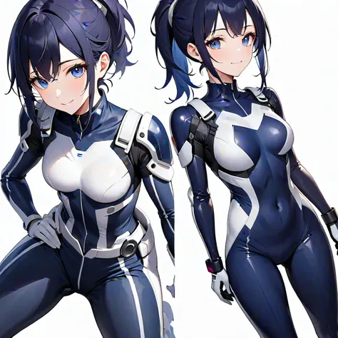 (​masterpiece、 top quality、 highest resolution、Clear image、 detailed images、 The angle is from above ): (solo、Lonely Girl、Japanese Face、 high knot ponytail、Dark blue hair girl、Sparkling Blue Eyes、( white and navy blue pilot suit with enamel finish、 white a...