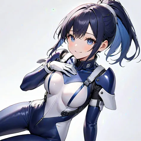 (​masterpiece、 top quality、 highest resolution、Clear image、 detailed images、 The angle is from above ): (solo、Lonely Girl、Japanese Face、 high knot ponytail、Dark blue hair girl、Sparkling Blue Eyes、( white and navy blue pilot suit with enamel finish、 white a...