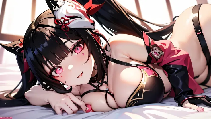 black hair, twin tails, fluorescent pink eyes with a light colored butterfly detail under her pupils, red, white-and-red Kitsune mask is at an angle on the top of her head, sexy body, full body depiction, passionate gaze, on her bed, big breast