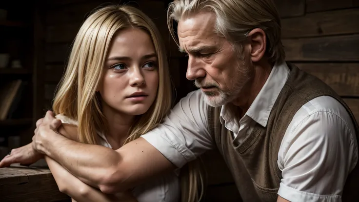 A disturbing and emotionally charged scene set in a rustic, dimly lit environment. An elderly man with a weathered face, gray hair, and a menacing expression is grabbing a young girl by the arm with force. The man, dressed in an old vest and a wrinkled whi...