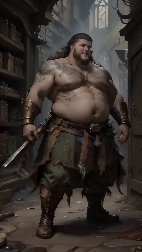  full body is shown, rpg, JRG Character, middle ages, Thiefs Head,  facing the front,  very fat, Small, Belly protruding, Topless,  unkempt hair , Big man,  smirking , I have a stubble beard , Vulgar laughter,  Gauntlet , Axe in both hands,  facing the fro...