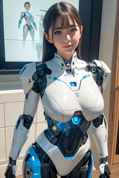 masterpiece, Best Quality, Extremely detailed, 8K portrait,1woman in, Japaese android woman,Plump , announcer,control panels,android,Droid,Mechanical Hand, ,Robot arms and legs, Black hair,Mechanical body,Blunt bangs,White Robotics Parts,perfect robot woma...