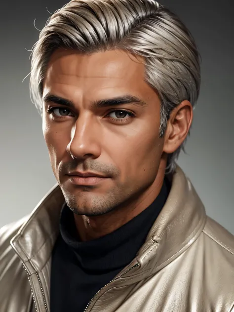 (best quality), 1boy, mature man, tanned skin, silver hair, medium hair, hair loosely combed back, brown eyes, perfect eyes, muscular, handsome, cold expression, black turtleneck, coat jacket, clean shaven face, masterpiece, anatomically correct, highres
