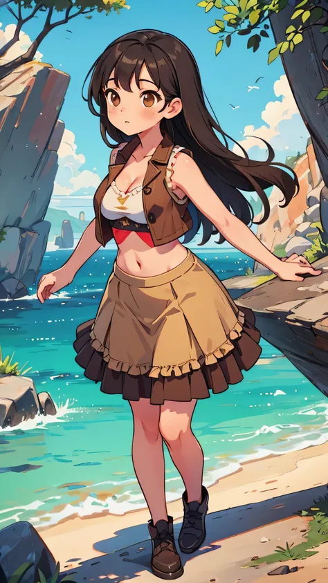 1 woman on a cliff, tan skin, long black hair, modest breasts, cleavage, brown eyes, crop top, brown vest, frilly skirt