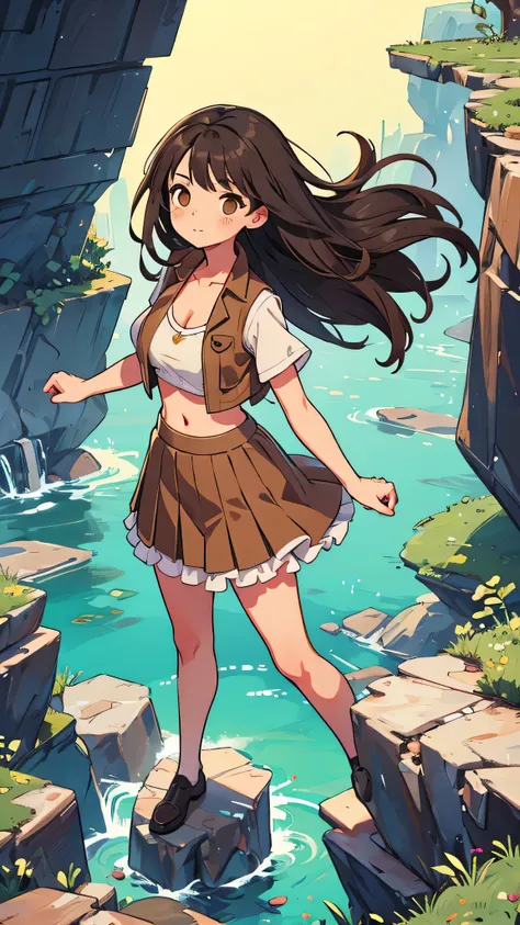 1 woman on a cliff, tan skin, long black hair, modest breasts, cleavage, brown eyes, crop top, brown vest, frilly skirt