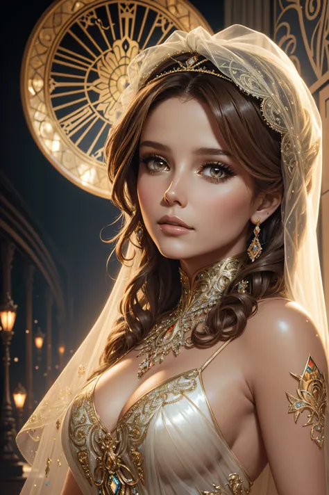 3D portrait Cheryl Cole, wearing veil bride transparent sexy costume, against the background of the Eiffel Tower, 9 9 9 9 s, curly hair, intricate, elegant, highly detailed, digital painting, artstation, concept art, smooth, sharp focus, illustration, art ...