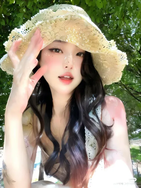 araffe woman wearing a straw hat and white dress posing for a picture, ulzzang, hot with shining sun, with straw hat, sakimichan, popular south korean makeup, dilraba dilmurat, xintong chen, pale fair skin!!, belle delphine, wan adorable korean face, beaut...